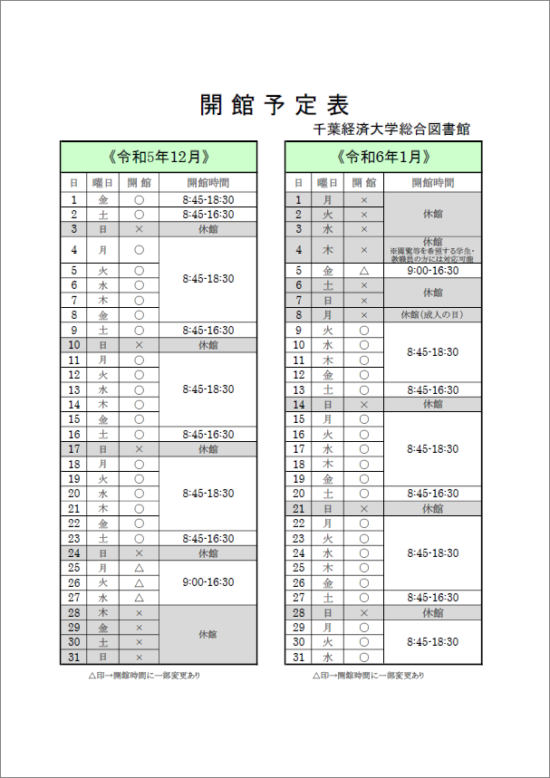 開館予定表。12月1日から12月24日は通常開館します。開館時間は平日は8:45-18:30。土曜日は8:45-16:30。日曜日は休館です。
12月25日から27日の開館時間は9:00-16:30です。
12月28日から1月4日は休館です。4日のみ、休館ですが閲覧等を希望する学生・教職員の方には対応可能です。時間は9:00-16:30です。
1月5日は開館し、開館時間は9:00-16:30です。1月6日から1月8日は休館です。
1月9日から通常開館します。