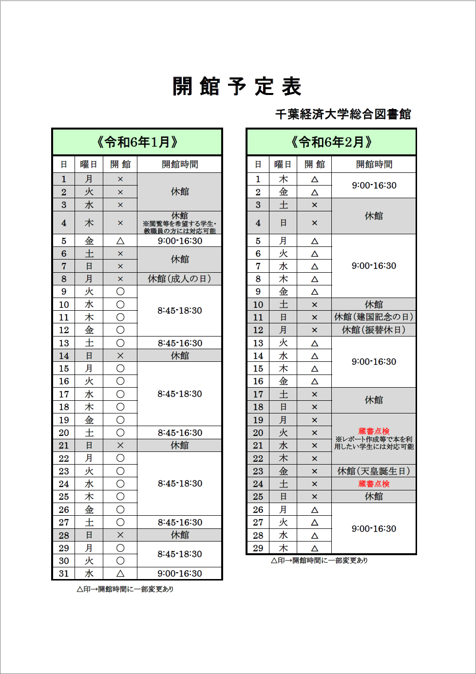 開館予定表。1月1日から1月4日は休館です。4日については休館ですが、閲覧等を希望する学生・教職員の方には対応可能です。時間は9:00-16:30です。1月5日は開館し、開館時間は9:00-16:30です。1月6日から1月8日は休館です。1月9日から1月30日まで通常開館します。通常開館時間は平日は8:45-18:30。土曜日は8:45-16:30。日曜日は休館です。
1月31日から3月にかけては開館時間が9:00-16:30に変更になり、土日祝が休館になります。また、2月19日から22日は蔵書点検のため休館ですが、レポート作成等で本を利用したい学生には9:00-16:30の間、対応可能です。