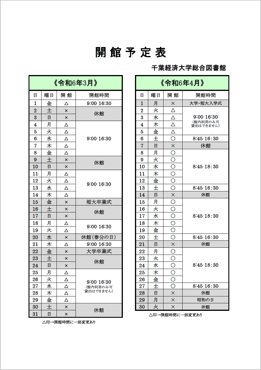 開館予定表。3月は開館時間が9:00-16:30、土日祝日が休館となります。そのほかに3月15日・22日は大学・短大の卒業式のため休館です。
3月25日から4月5日は開館時間が9:00-16:30で、館内利用のみ可能で貸出はできません。
4月6日から通常開館となり、開館時間は平日が8:45-18:30、土曜日が8:45-16:30です。日曜日と祝日が休館です。