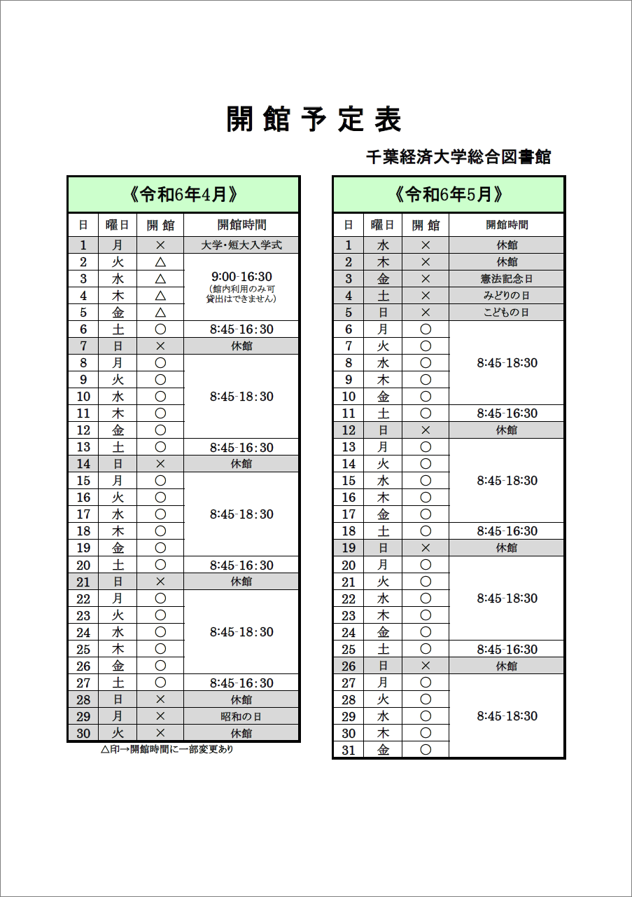 開館予定表の画像。4月1日は大学・短大の入学式のため、休館です。2日から5日は開館時間が9:00-16:30となり、館内利用のみ可能で貸出はできません。
4月6日から通常開館となり、開館時間は平日が8:45-18:30、土曜日が8:45-16:30です。日曜日と祝日が休館です。
4月28日から5月5日にかけてはすべて休館です。